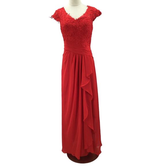 MOTHER OF THE BRIDE SZ 10 L Red Embroidered Draped Lace Up Maxi Dress NEW B160 - Picture 1 of 8
